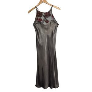 VTG Val-Mode Lingerie Gown Gray Satin Slit Sheer Fall Leaf Panel Strappy Maxi S